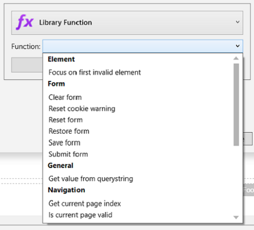 Picture showing list of available Library Functions in Event Builder pop-up.